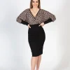 Elegante abito midi con stampa geometrica e scollo incrociato Sonda, beige