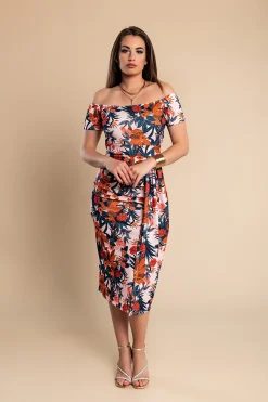 Elegante abito midi con stampa floreale, rosa chiaro