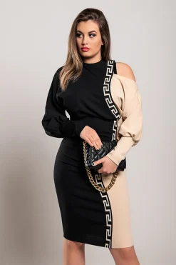 Elegante abito midi con stampa geometrica, nero e beige