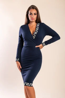 Elegante abito midi con stampa geometrica, blu scuro