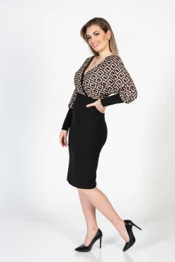 Elegante abito midi con stampa geometrica e scollo incrociato Sonda, beige