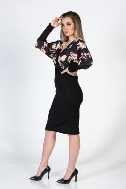 Elegante abito midi con stampa floreale e scollo incrociato Xarema, nero