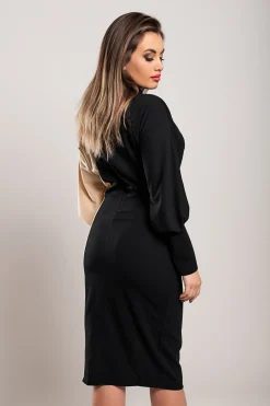 Elegante abito midi con stampa geometrica, nero e beige
