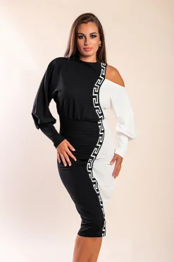 Elegante abito midi con stampa geometrica, bianco e nero