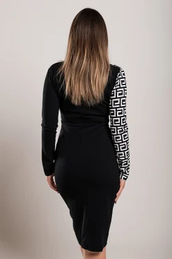Elegante abito midi con stampa geometrica Melva, bianco e nero