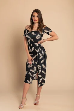 Elegante abito midi con stampa, nero