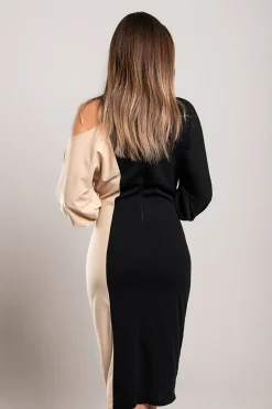 Elegante abito midi con stampa geometrica, nero e beige