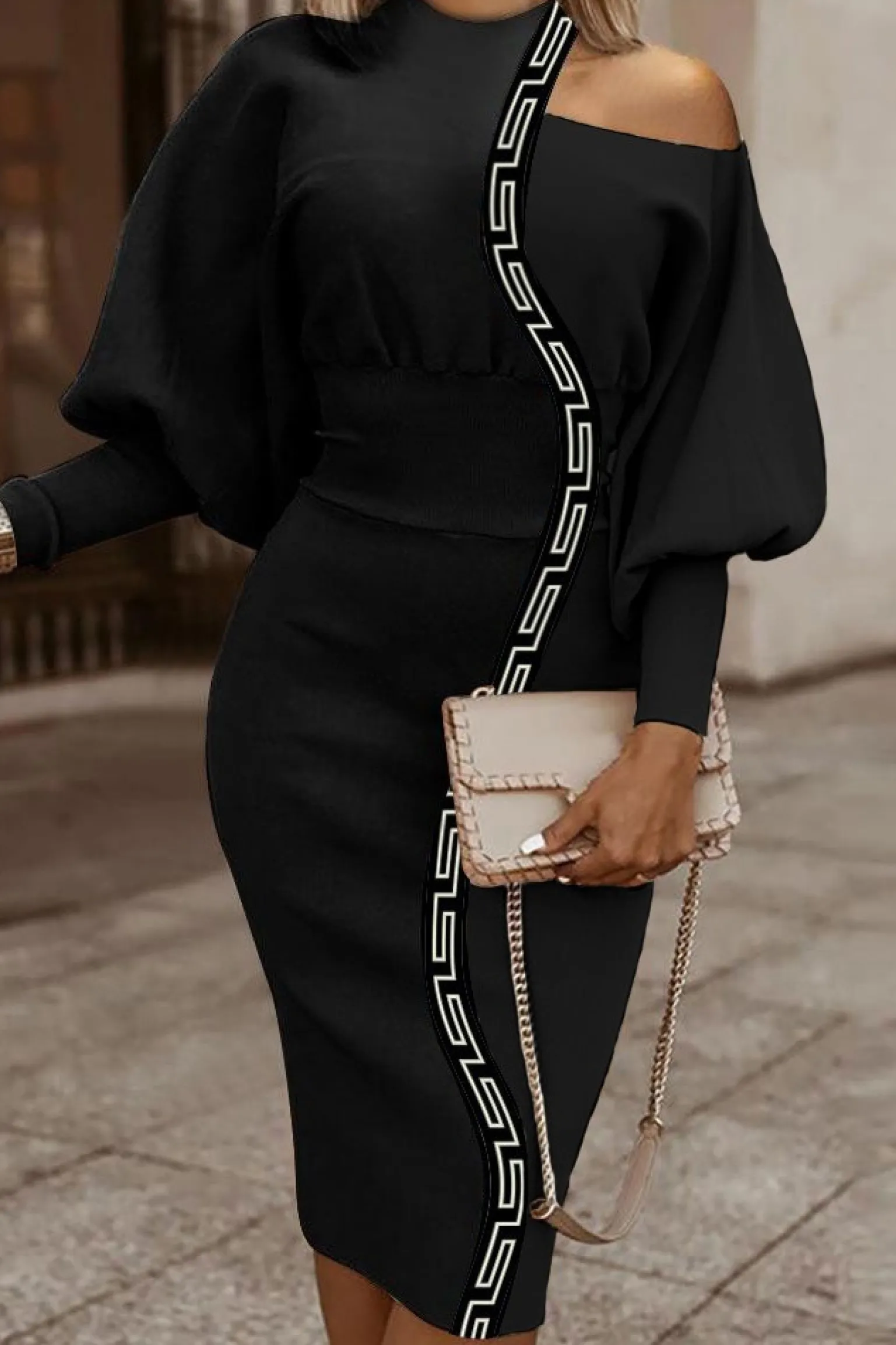 Elegante abito midi con stampa geometrica, nero