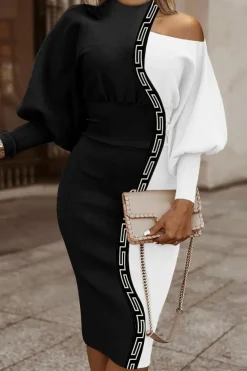 Elegante abito midi con stampa geometrica, bianco e nero