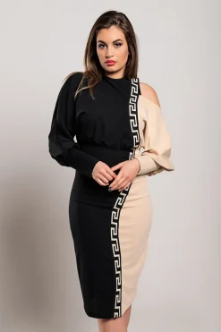 Elegante abito midi con stampa geometrica, nero e beige