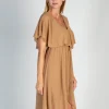 Elegante abito midi con volant e gonna pieghevole Barbados, beige