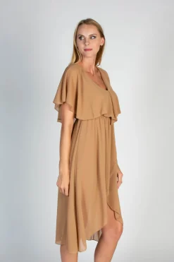 Elegante abito midi con volant e gonna pieghevole Barbados, beige