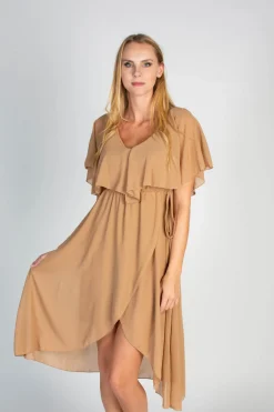 Elegante abito midi con volant e gonna pieghevole Barbados, beige