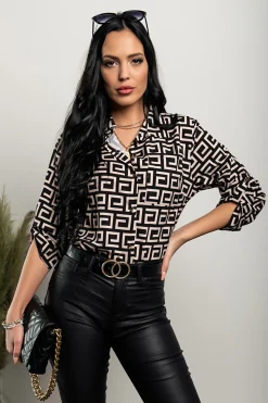 Elegante blusa con stampa geometrica Lavlenta, nera e beige