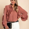 Elegante blusa in tessuto trasparente con balze Vendella, rosa