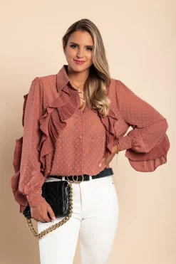 Elegante blusa in tessuto trasparente con balze Vendella, rosa