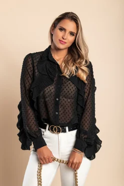 Elegante blusa in tessuto trasparente con balze Vendella, nera