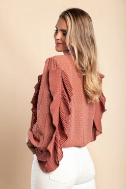 Elegante blusa in tessuto trasparente con balze Vendella, rosa