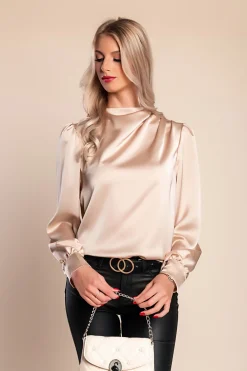 Elegante camicetta con collo alto, beige