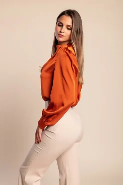 Elegante camicetta con collo alto, cammello