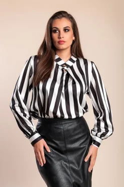 Elegante camicetta con stampa a righe, bianco/nero