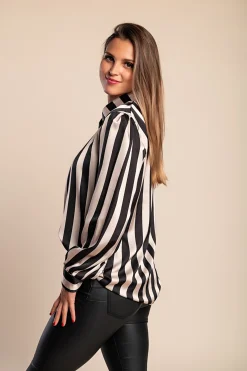 Elegante camicetta con stampa a righe, beige/nero