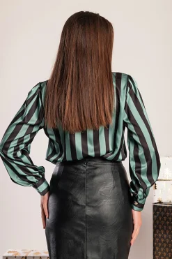 Elegante camicetta con stampa a righe, verde/nero