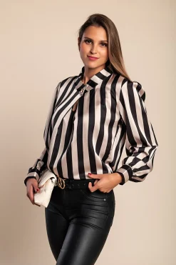 Elegante camicetta con stampa a righe, beige/nero