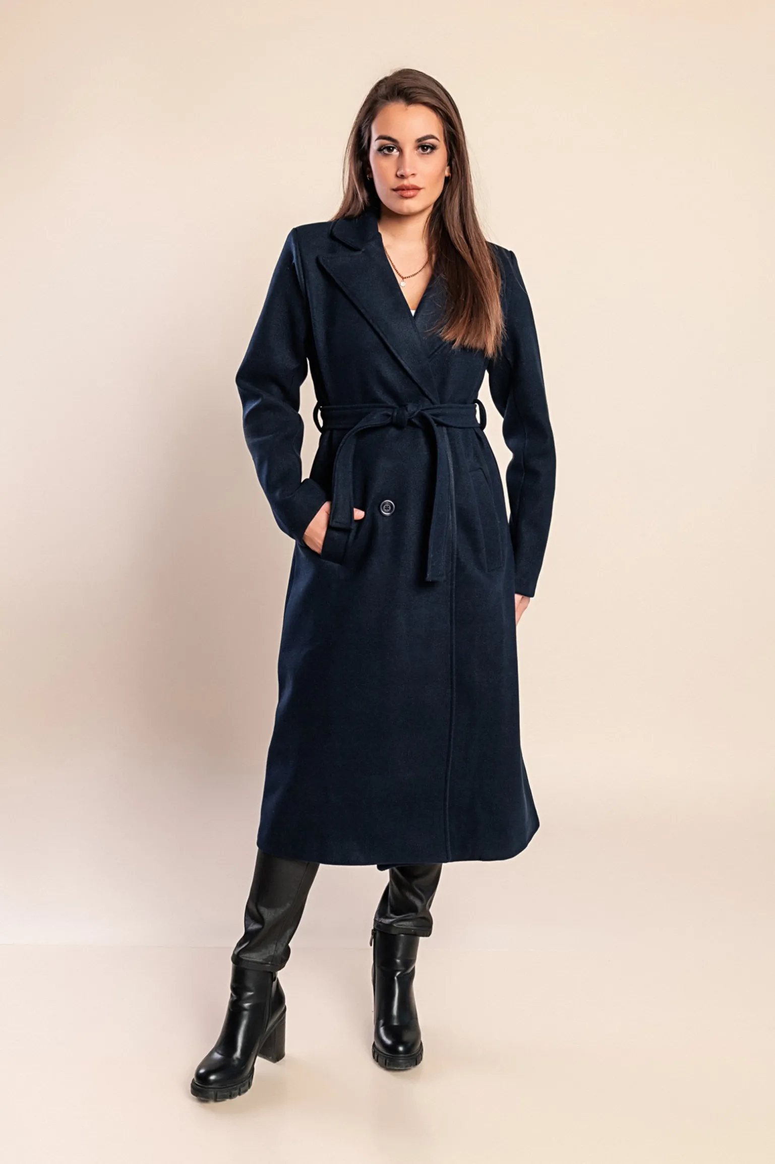 Elegante cappotto lungo con bottoni, blu scuro