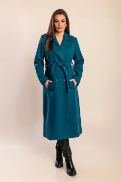 Elegante cappotto lungo con bottoni, petrolio
