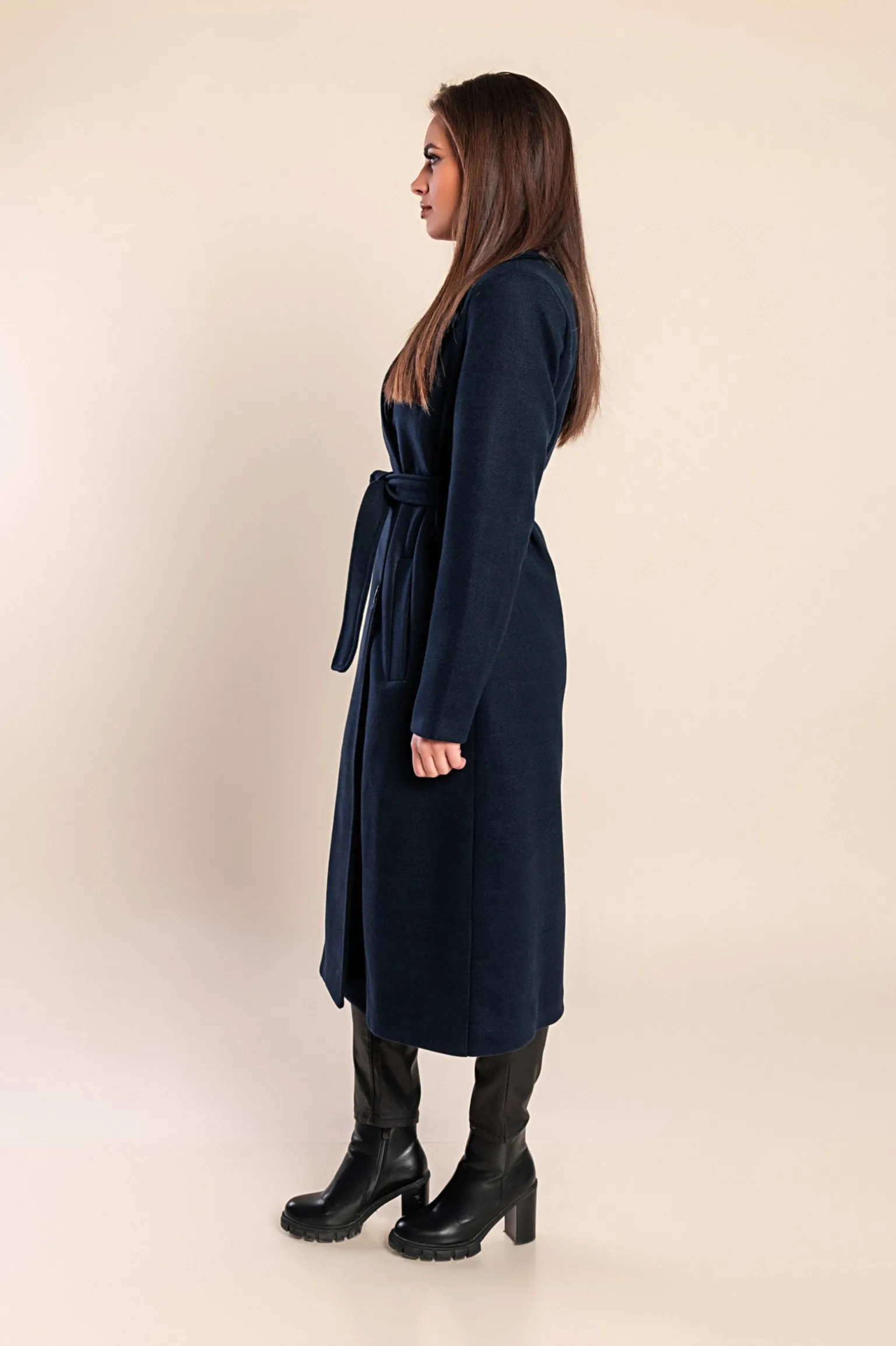 Elegante cappotto lungo con bottoni, blu scuro