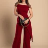 Elegante completo asimmetrico top e pantalone, bordeaux
