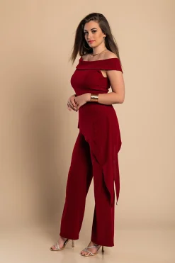 Elegante completo asimmetrico top e pantalone, bordeaux