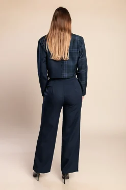 Elegante completo blazer e pantaloni a quadri, blu scuro