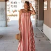 Elegante maxi abito con stampa a righe, multicolor