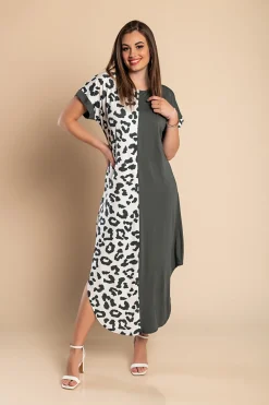 Elegante maxi abito con stampa leopardata, grigio