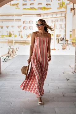 Elegante maxi abito con stampa a righe, multicolor