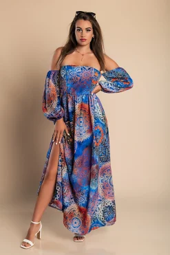 Elegante maxi abito con stampa Montella, blu