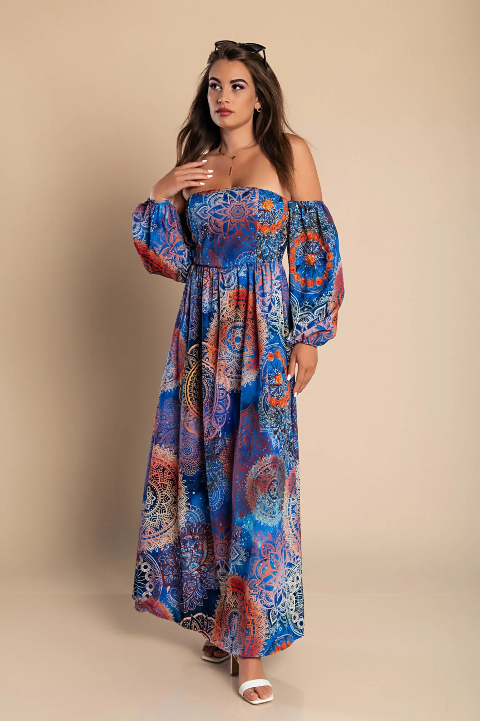 Elegante maxi abito con stampa Montella, blu