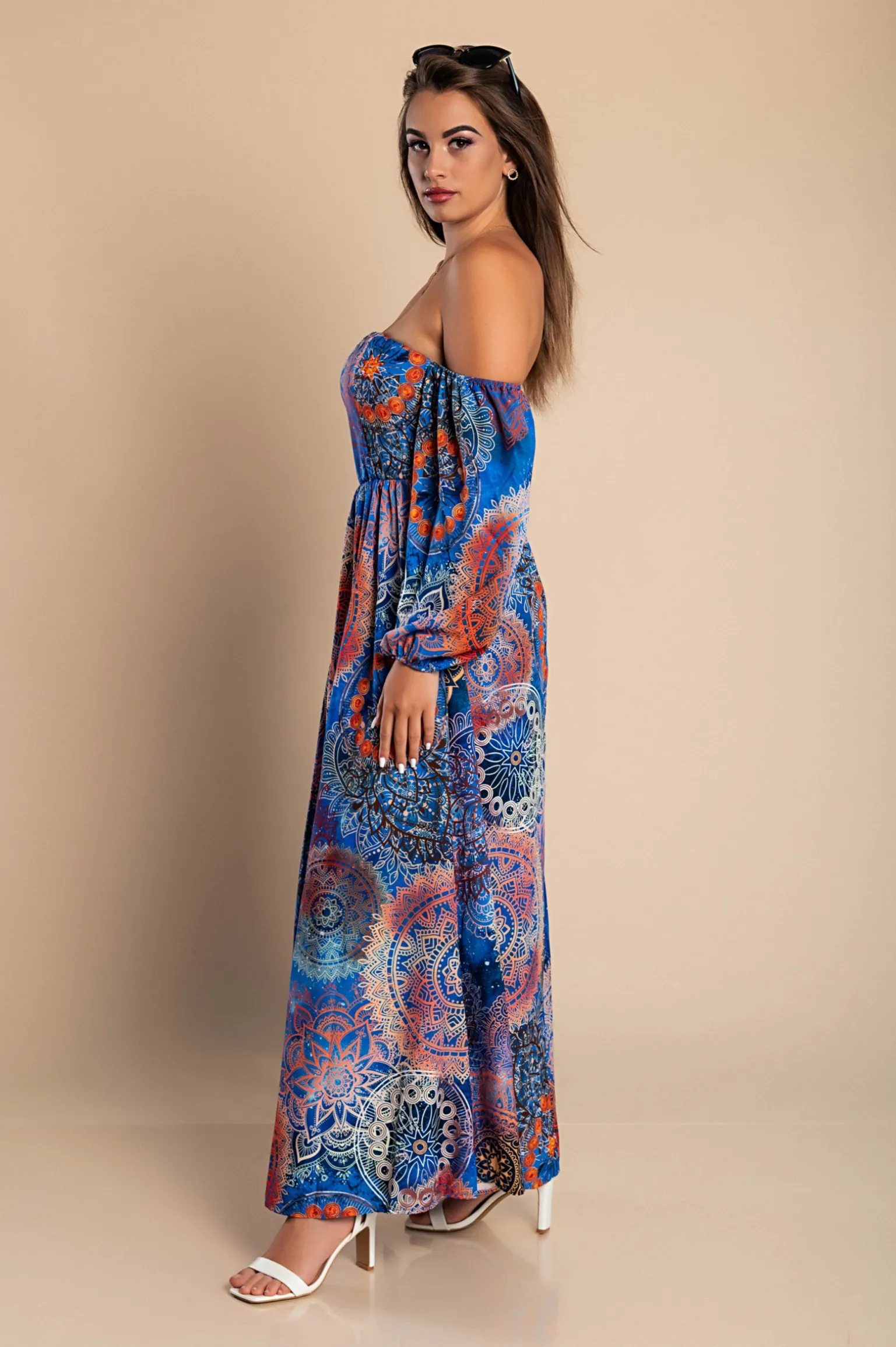 Elegante maxi abito con stampa Montella, blu