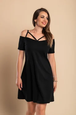 Elegante mini abito con maniche corte, spalle scoperte e spalline  Cecina, nero