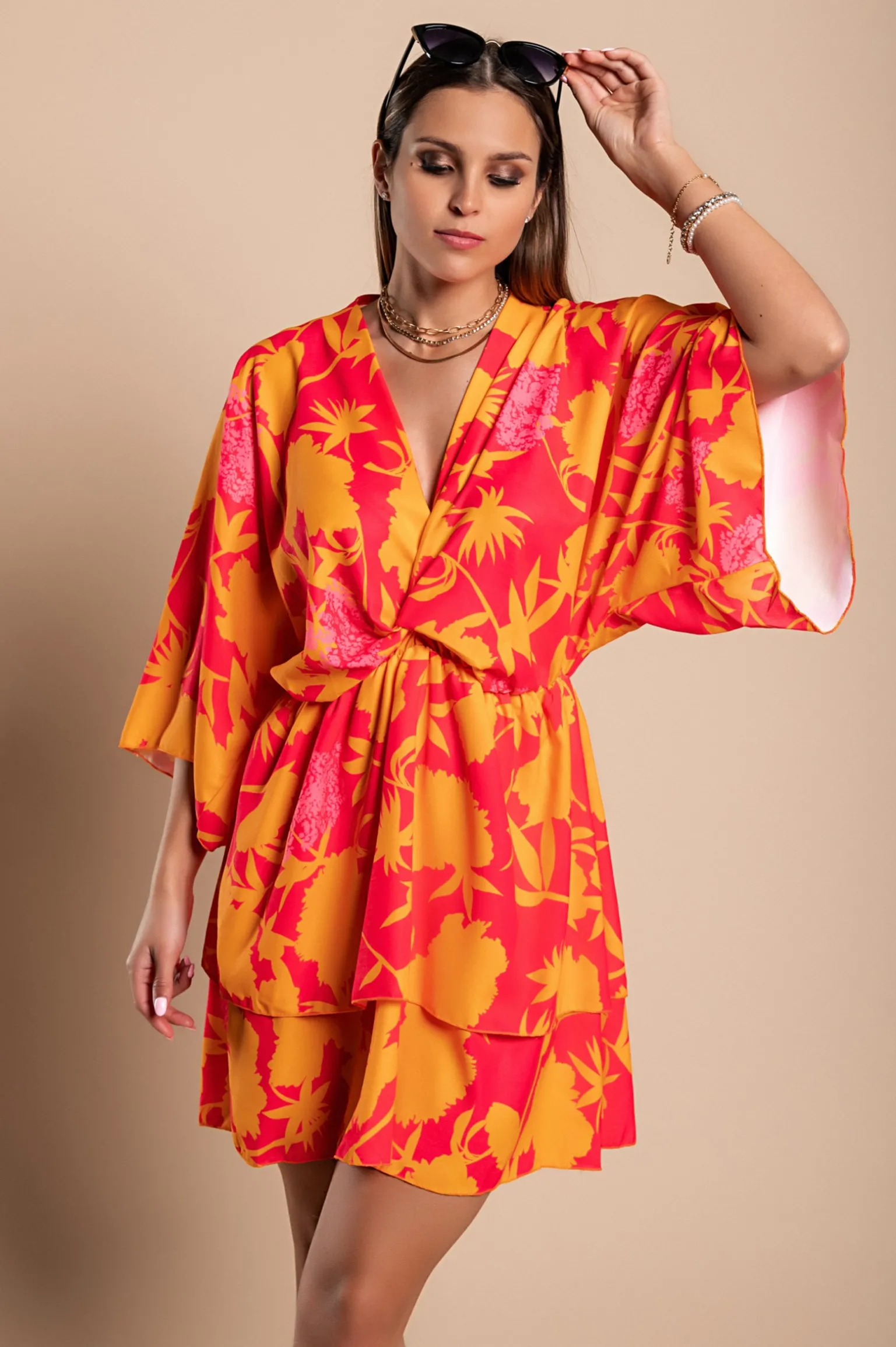 Elegante mini abito con stampa Amasena, arancio