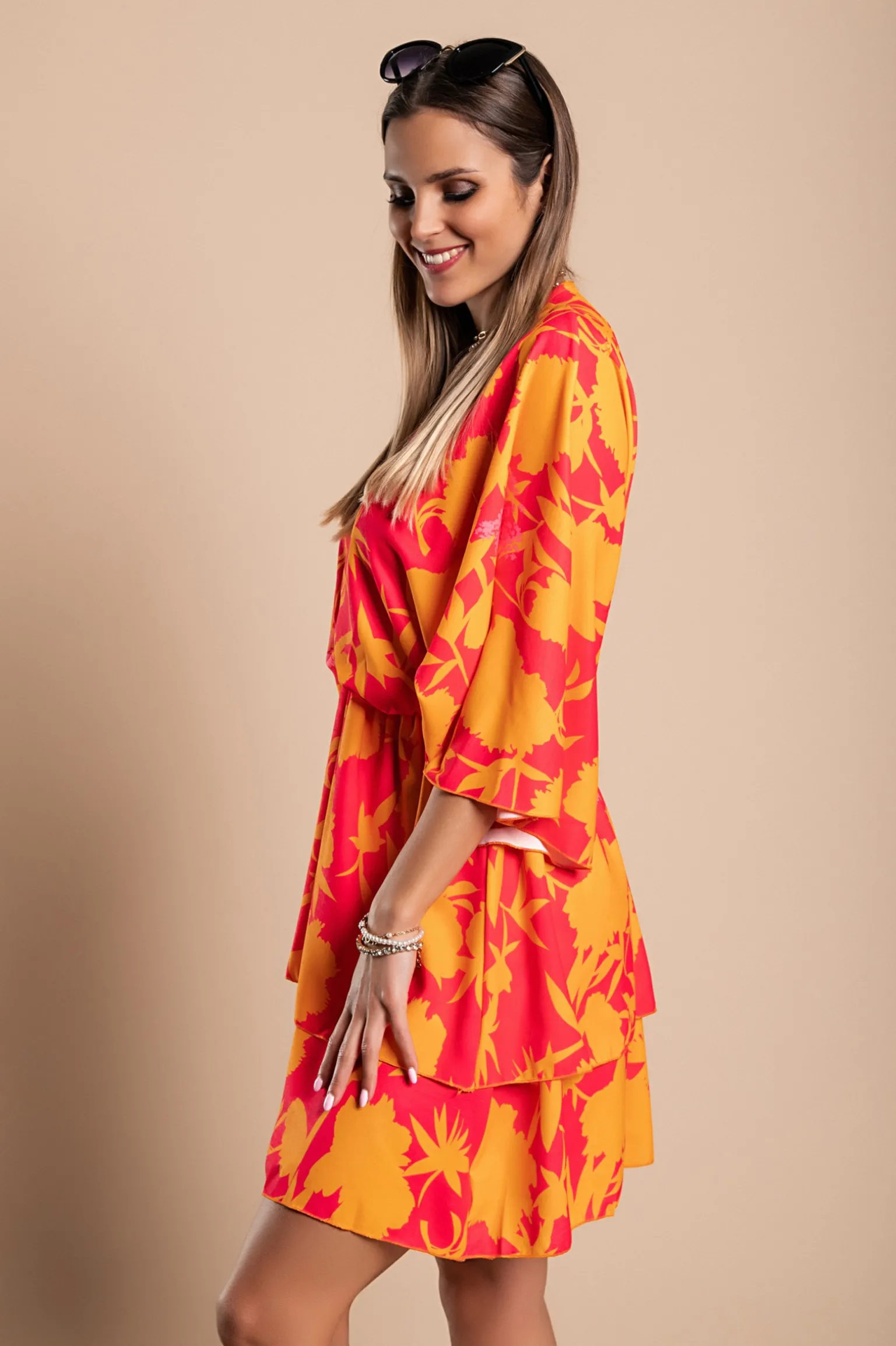 Elegante mini abito con stampa Amasena, arancio