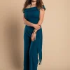 Elegante set composto da top e pantaloni asimmetrici, petrolio