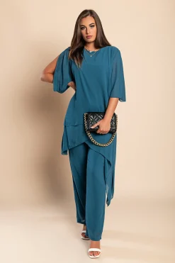 Elegante set composto da tunica trasparente e pantalone lungo Claudette, petrolio