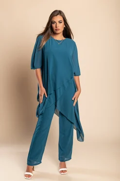 Elegante set composto da tunica trasparente e pantalone lungo Claudette, petrolio
