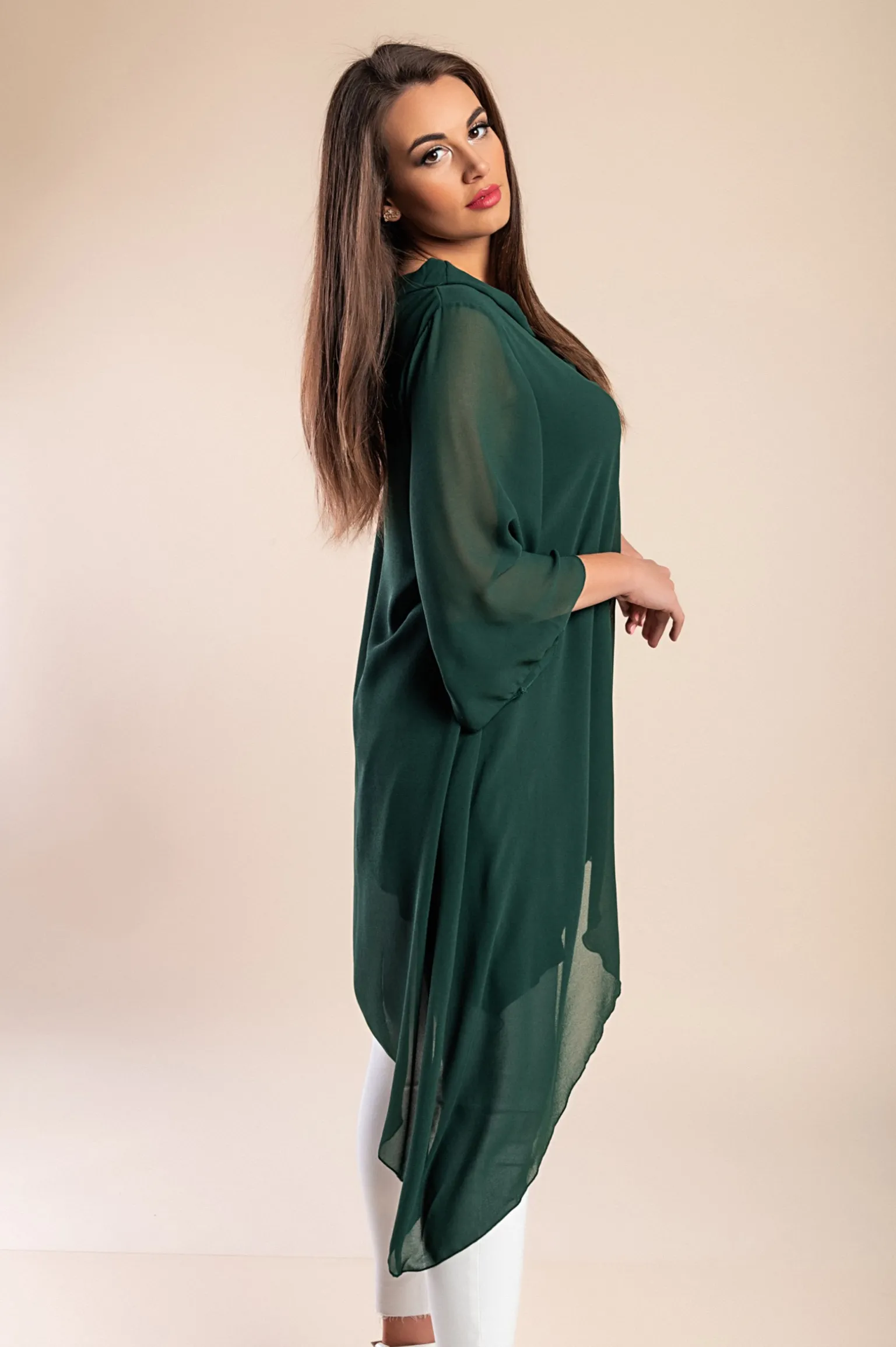 Elegante tunica in tessuto semitrasparente con fiocco decorativo Ginette, verde scuro