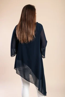 Elegante tunica traslucida con fiocco decorativo Ginette, blu scuro