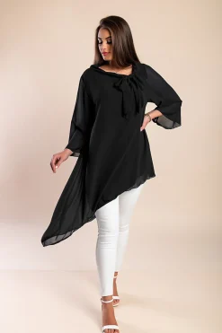 Elegante tunica traslucida con fiocco decorativo Ginette, nera