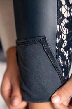 Eleganti leggings in ecopelle con pizzo Margaretta, blu scuro